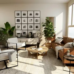 Uma sala decorada com parede de quadros, tapete e mesa de centro