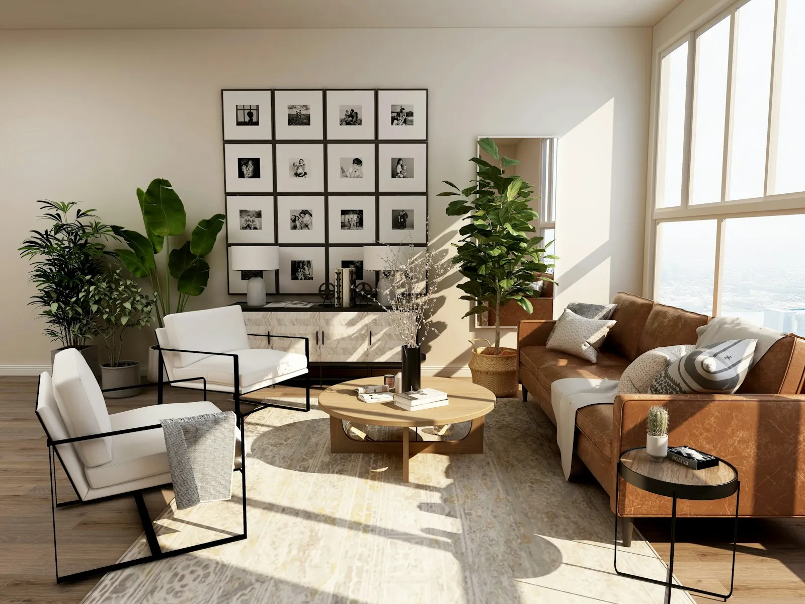 Uma sala decorada com parede de quadros, tapete e mesa de centro