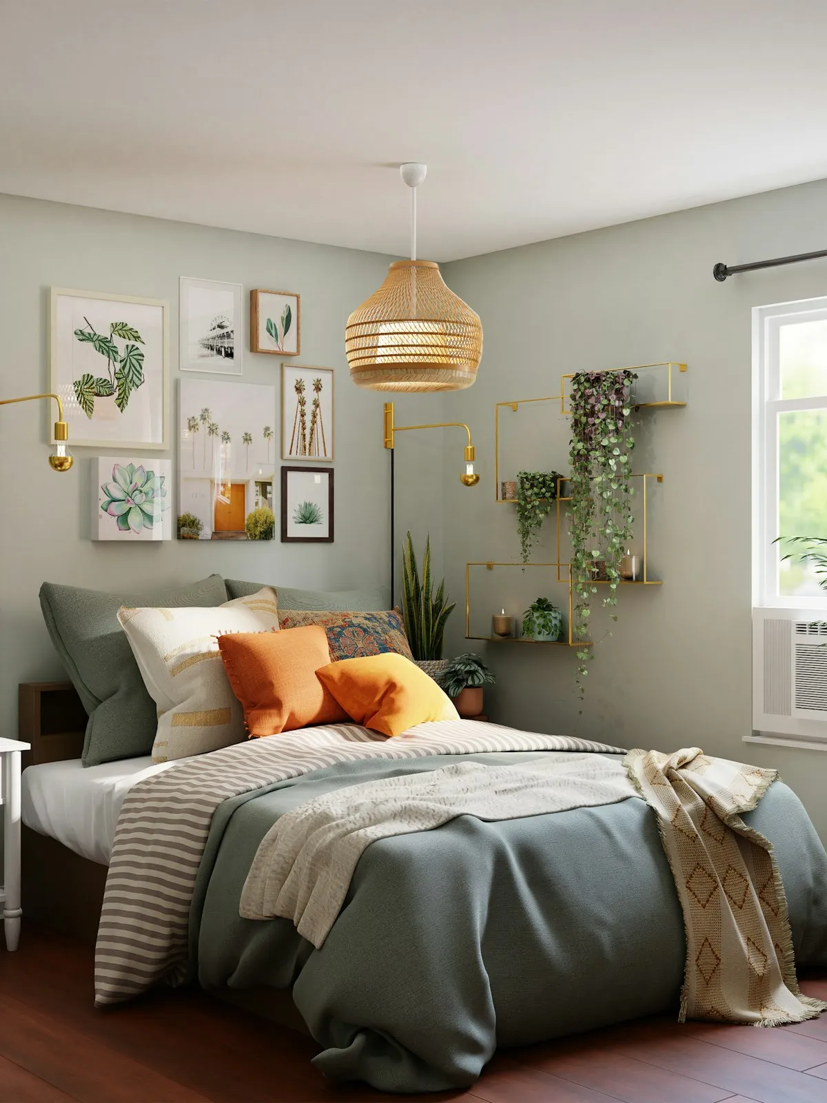 Um quarto aconchegante com roupa de cama em camadas, quadros e plantas